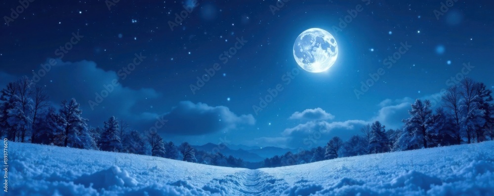 Fototapeta premium Snowy night sky with stars and moon, snowflakes gently falling, icy, moon
