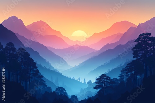Explore Serene Mountain Landscapes: Colorful Sunset Horizons with Vibrant Gradient Skies - Digital Art and Photography