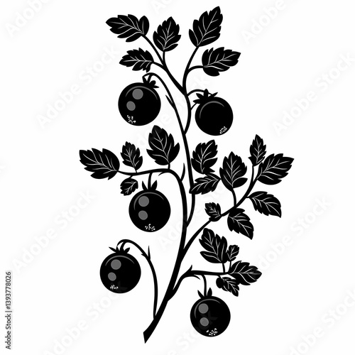 Organic Tomato Plant Silhouette Illustration: Homegrown Vegetable in Vintage Style for Healthy Cuisine and Eco-Friendly Home Gardens
