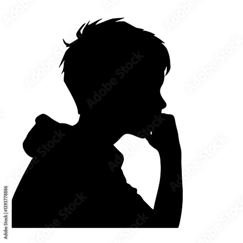 考え事をしたり心配したりしている少年のシルエット。ベクターイラスト