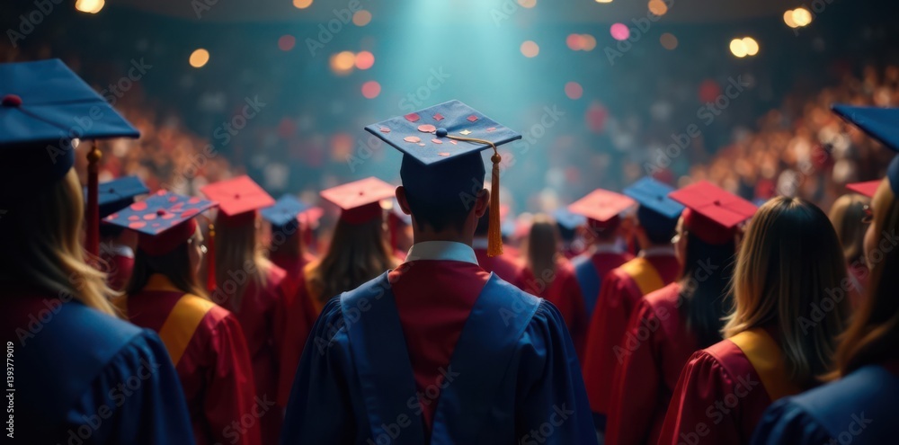 Graduating class, rear view; many caps airborne , higher education, students Graduating class, rear view; many caps airborne , higher education, students