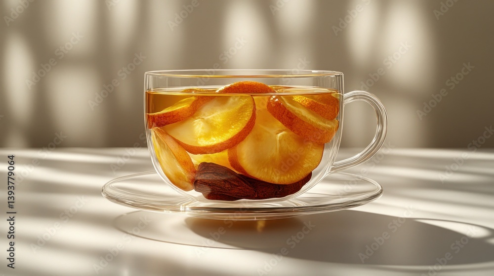 Warm citrus tea in a clear cup. Sunlight highlights the drink Warm citrus tea in a clear cup. Sunlight highlights the drink