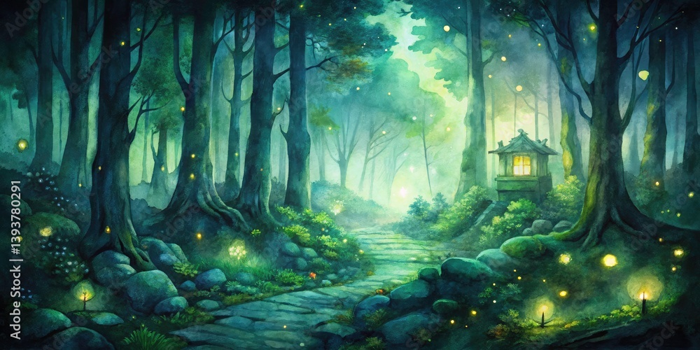 Obraz premium Mystical Firefly Forest Night: Enchanting Watercolor Architectural Photography