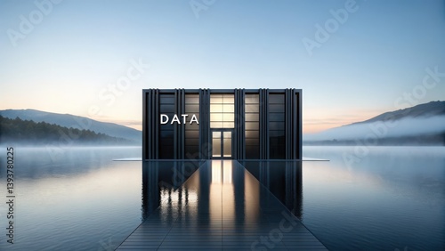 Data Lake Data Lakehouse Data Warehouse Cloud Computing Network A modern data center reflects on tranquil water, surrounded by mountains and mist.