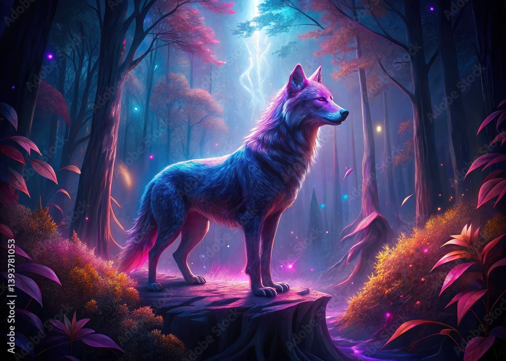 Obraz premium Neon Wolf Mystical Forest Surreal Art - Glowing Animal Fantasy Wallpaper