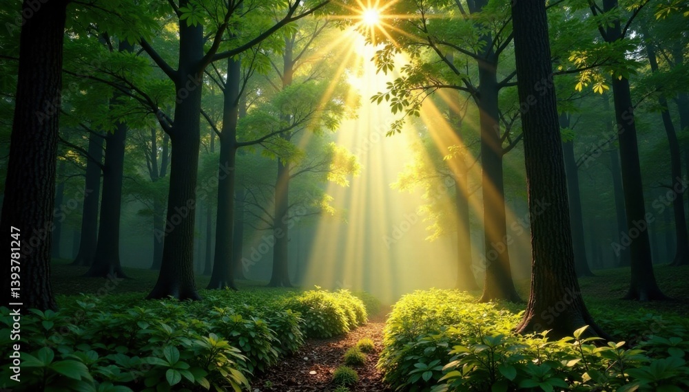 Obraz premium Panorama of a forest with sunbeams filtering through trees, sunlight, nature, shadows