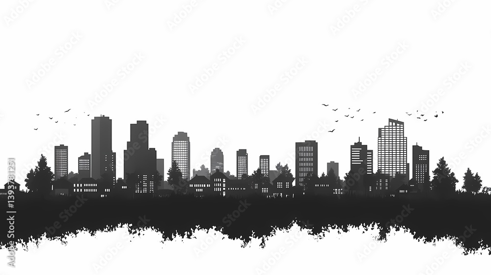 Modern Urban Cityscape Silhouette with Skyscrapers and Empty Space - A Black and White Vector Illustration Modern Urban Cityscape Silhouette with Skyscrapers and Empty Space - A Black and White Vector Illustration