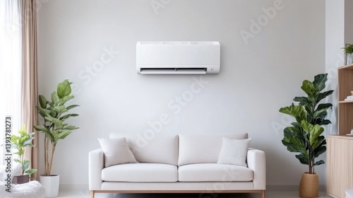 Modern air conditioner in a cozy living room.  Clean, minimalist design complements a light-filled space.  Plush seating and greenery add comfort and style
