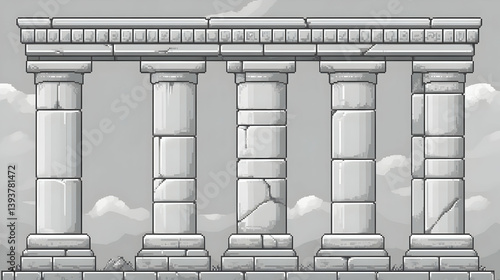 Gray Stone Columns Architecture Structure with Cloud Background Pixel Art Style for Game Design and Historical Visualization