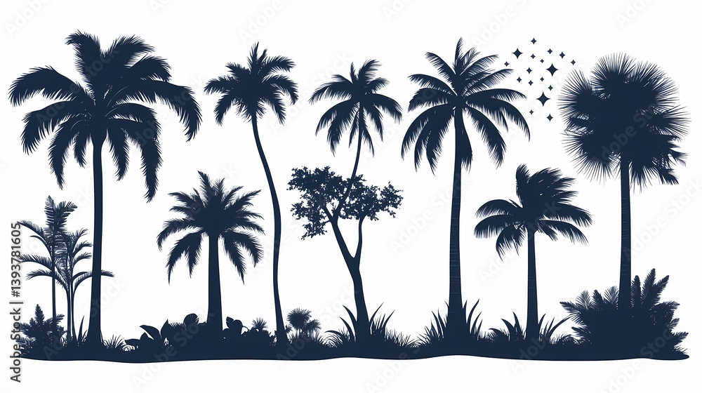 Tropical Paradise: Silhouettes of Exotic Palm Trees in a Summer Oasis Tropical Paradise: Silhouettes of Exotic Palm Trees in a Summer Oasis