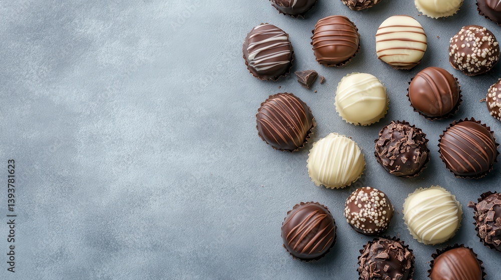 Assorted milk and dark chocolate truffles on gray background. Assorted milk and dark chocolate truffles on gray background.