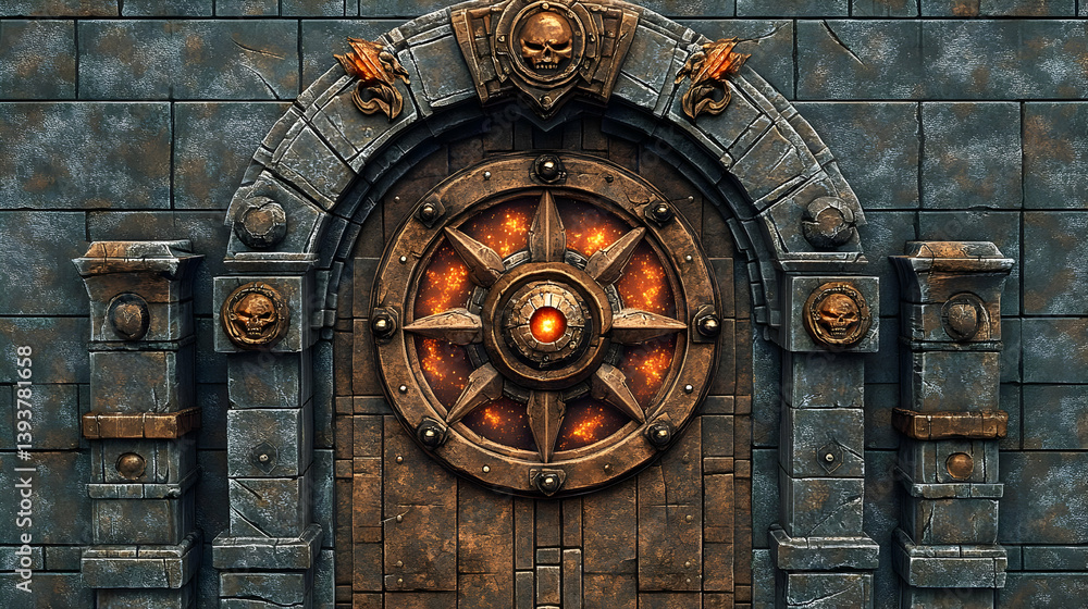 Ornate Stone Doorway with Intricate Carvings and Fiery Center in a Dark Fantasy Setting Medieval Architecture with Texture and Geometric Patterns Ornate Stone Doorway with Intricate Carvings and Fiery Center in a Dark Fantasy Setting Medieval Architecture with Texture and Geometric Patterns