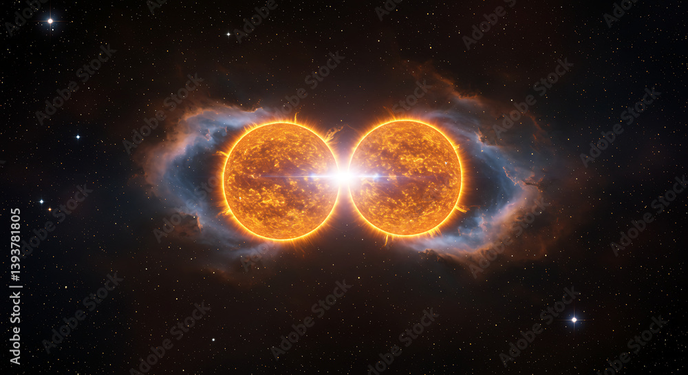 Obraz premium Two Bright Stars Colliding in Space with Nebula and Stardust Background
