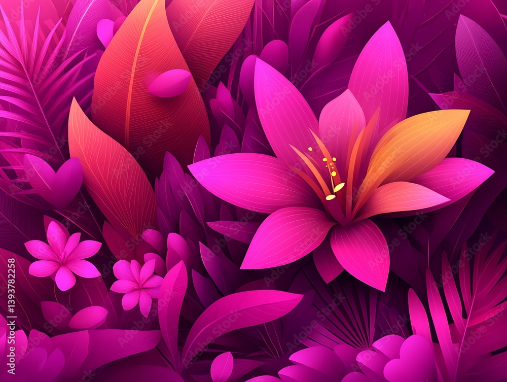 Fototapeta premium Lush pink floral arrangement with vibrant hues and stylized leaf designs