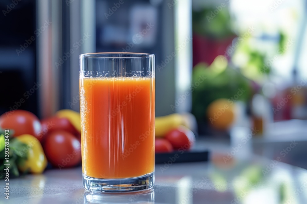 A tall glass of fresh orange juice presented beautifully on a counter A tall glass of fresh orange juice presented beautifully on a counter