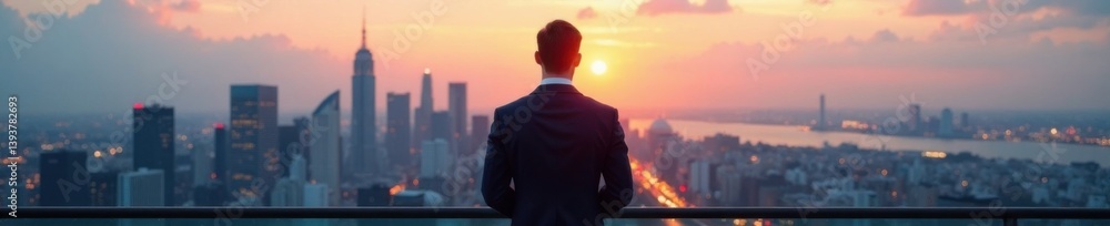 Fototapeta premium Sleek suit-clad figure stands confidently, gazing out at cityscape, professional, urban