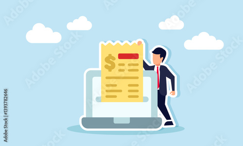 A businessman stands next to a laptop pulling out a bill paper from the monitor screen, illustration of a digital system to create payment invoices