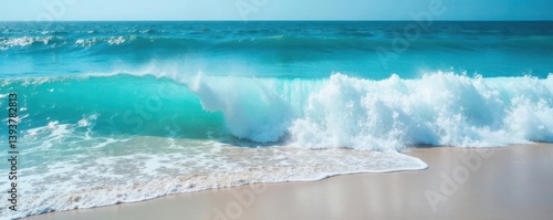 Ocean waves crash on the shore, foamy blue turquoise water ,  beach,  texture