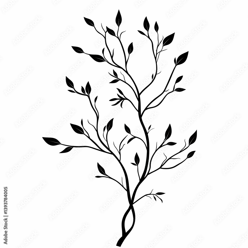 Fototapeta premium Black Silhouette Botanical Illustration: Organic Branch and Leaves Vector Design