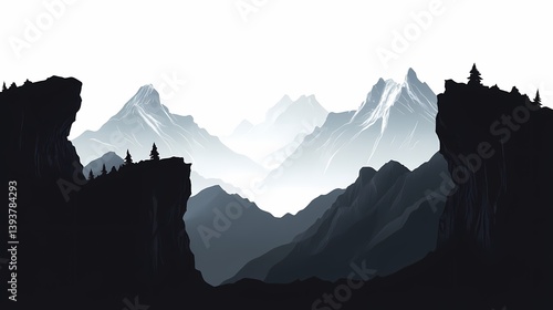 Scenic Mountainous Silhouette: Breathtaking Digital Art Illustration of Misty Mountain Range for Tranquil Adventure Seekers