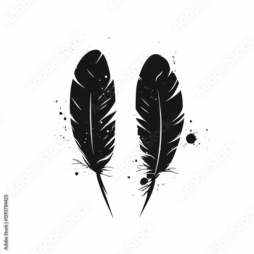 Black Ink Feather Silhouette: Bohemian Art Design with Gothic Mystery and Delicate Patterns