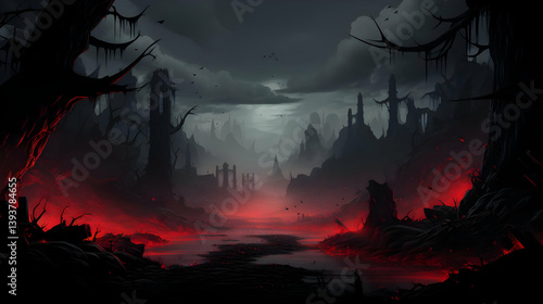 Gloomy Pixel Art Landscape Featuring Red Lit Ruins Under a Dark Gray Sky With Bare Trees and Fog For Eerie Retro Digital Art Background