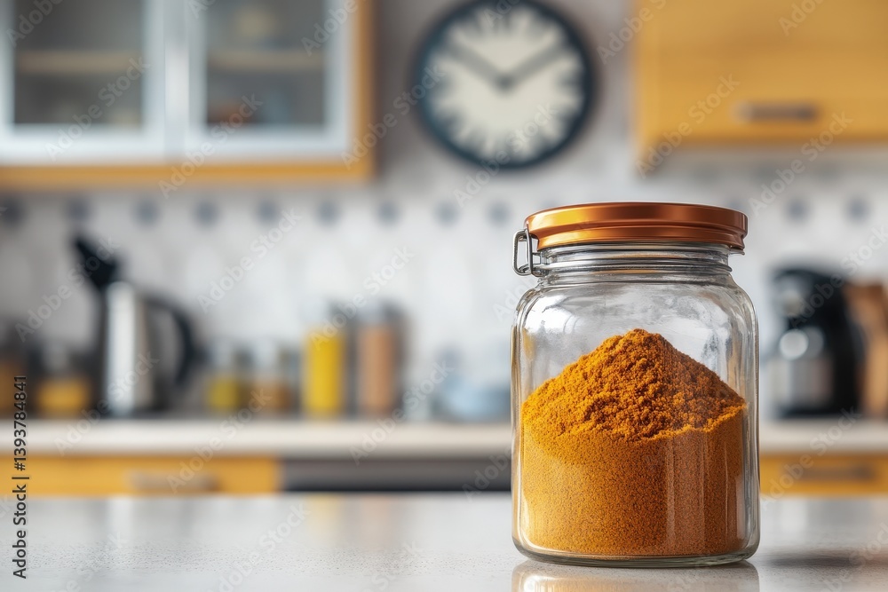A glass jar filled with yellow spice in a kitchen A glass jar filled with yellow spice in a kitchen