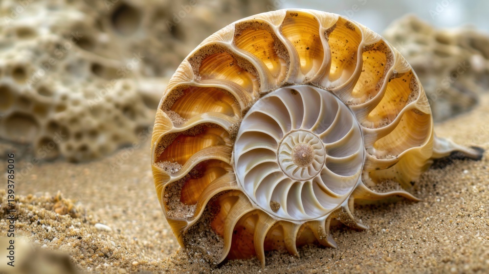 Half-Cut Nautilus Shell with Detailed Spiral on Sand