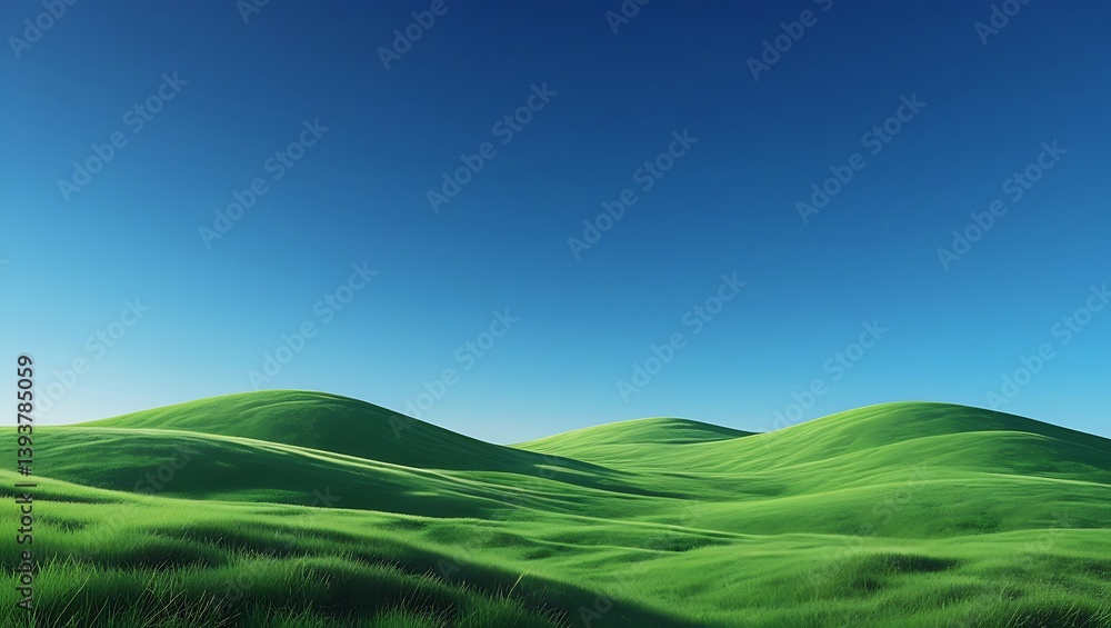 Obraz premium Minimalist Rolling Green Hills Landscape – Peaceful Nature Scene Under Clear Blue Sky