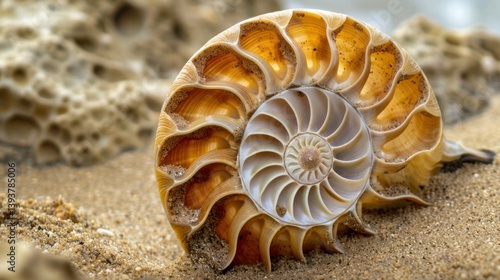 Obraz na płótnie Half-Cut Nautilus Shell with Detailed Spiral on Sand w salonie