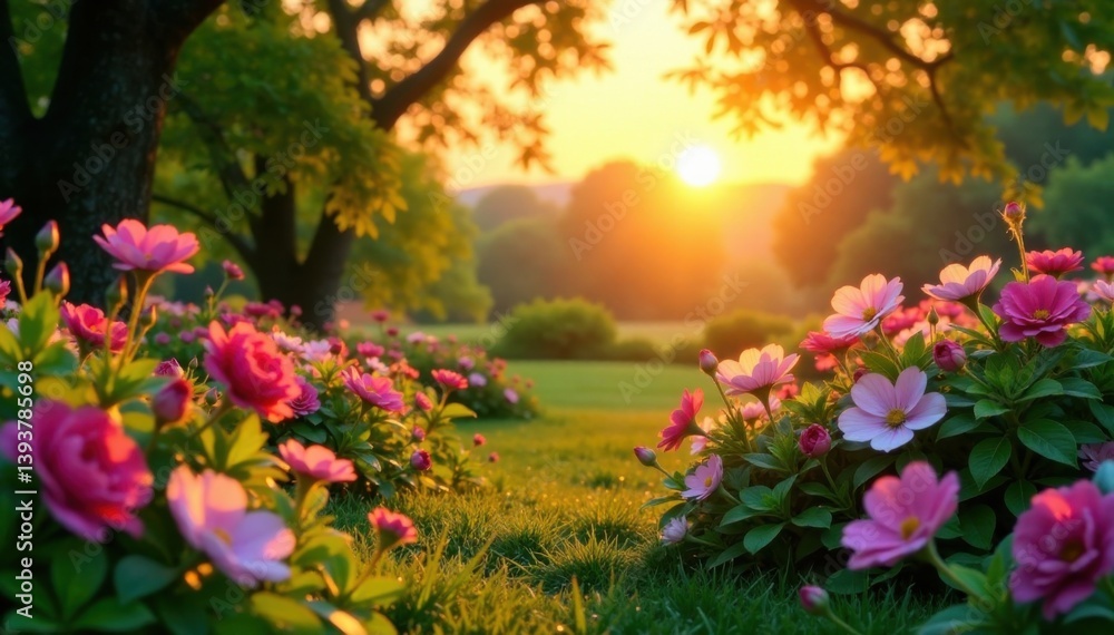 Lovely garden at sunset with blooming flowers and greenery, fauna, romantic floral background, nature Lovely garden at sunset with blooming flowers and greenery, fauna, romantic floral background, nature
