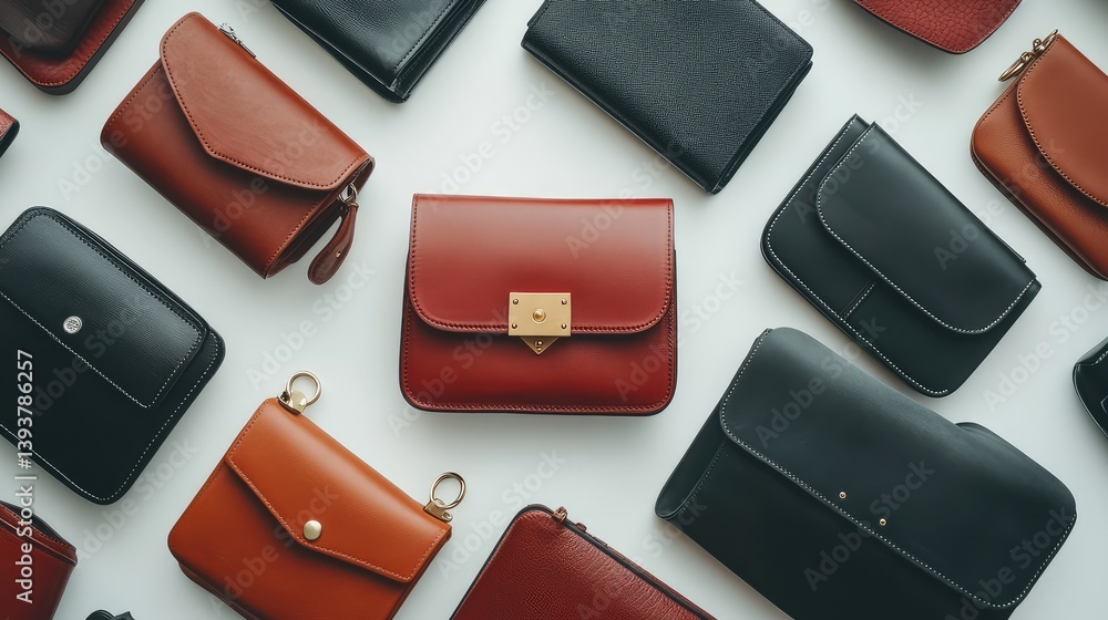 A collection of different handbags, including crossbody and clutch styles, arranged on a clean surface with space for promotional text. A collection of different handbags, including crossbody and clutch styles, arranged on a clean surface with space for promotional text.