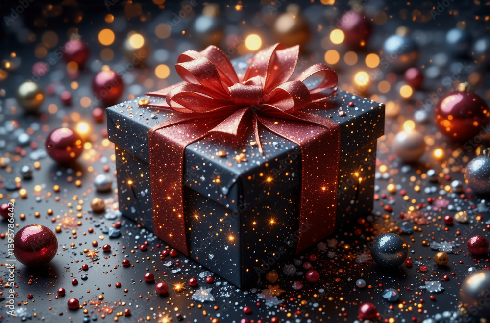 A dark gift box with a red ribbon and bow is surrounded by bokeh lights and small decorative balls, creating a festive and celebratory atmosphere. A dark gift box with a red ribbon and bow is surrounded by bokeh lights and small decorative balls, creating a festive and celebratory atmosphere.