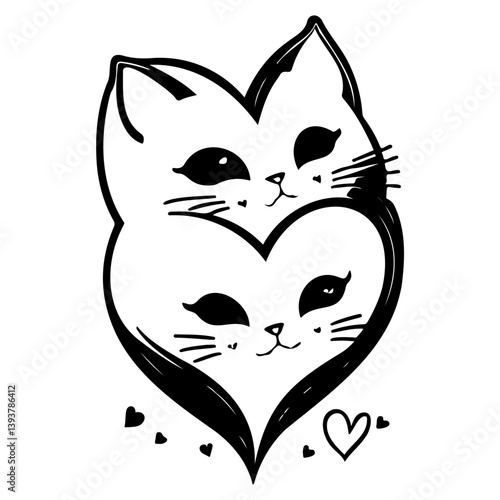 Stylized intertwined cats forming heart shape, minimalist pet love illustration