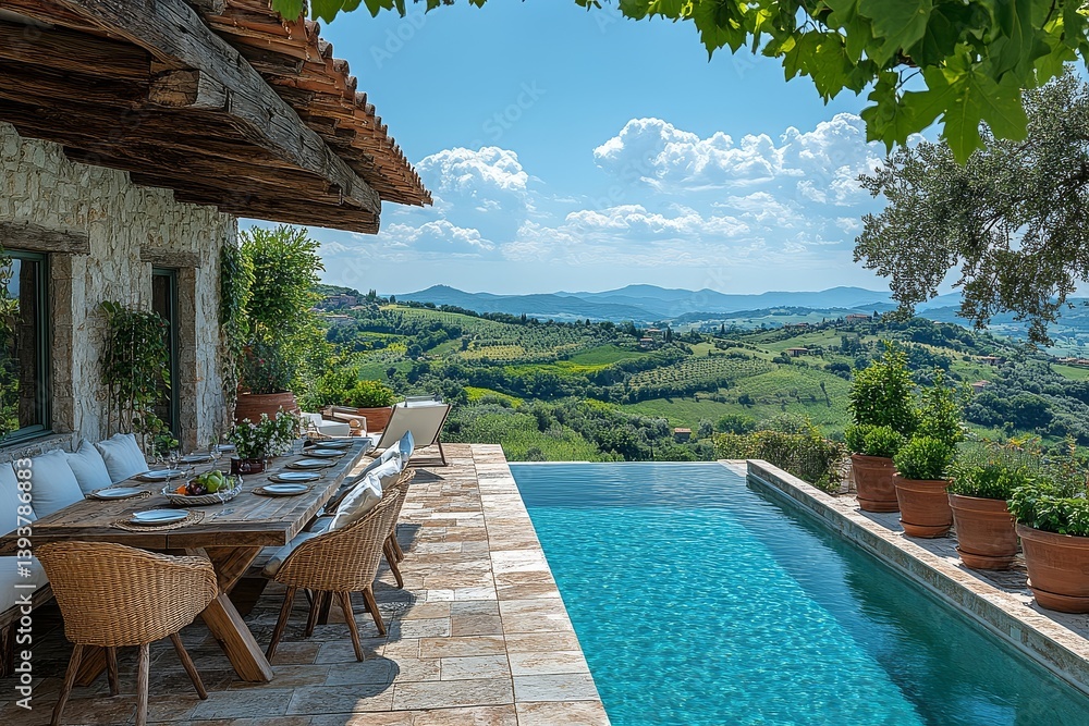 Outdoor dining table with teak furniture, white cushions, overlooking Tuscany hills and pool, surrounded by planters filled with plants. Outdoor dining table with teak furniture, white cushions, overlooking Tuscany hills and pool, surrounded by planters filled with plants.