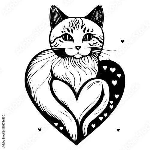 Elegant feline portrait intertwined with a heart shape in monochromatic drawing