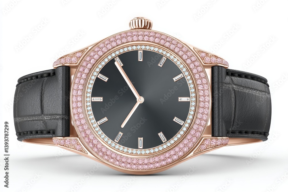 A flat 2D drawing of a luxury wristwatch with shine effect and stylish font, white background