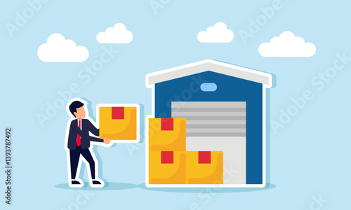 A businessman carries a package box to be placed on a stack of boxes in front of a factory warehouse, illustration of business in the logistics sector