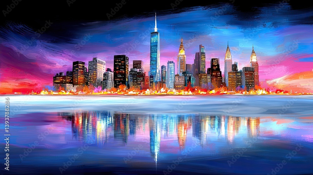 Obraz premium Modern Oil Painting of City Skyline at Dawn with Vibrant Colors and Reflections in Water