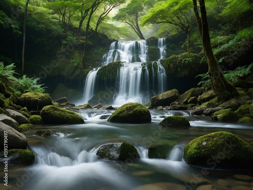 Yosakoi Falls: A Hidden Japanese Gem Where Cascading Waters Dance Through Verdant Forests, Echoing the Grace of Traditional Festivals Amidst Timeless Natural Serenity