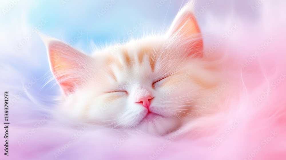Fototapeta premium Adorable kitten, peacefully sleeping in a soft, colorful cloud