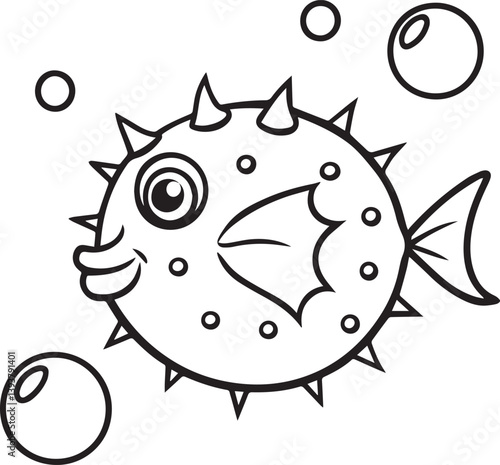 funny fish cartoon illustration, puffer fish vector illustration, puffer fish silhouette vector black and white