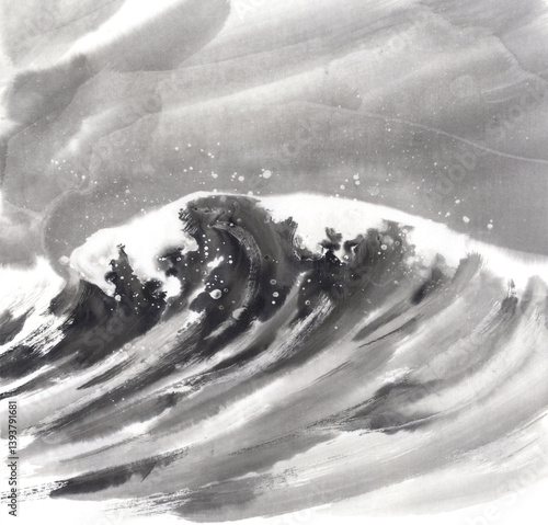 荒れる波　水墨画　