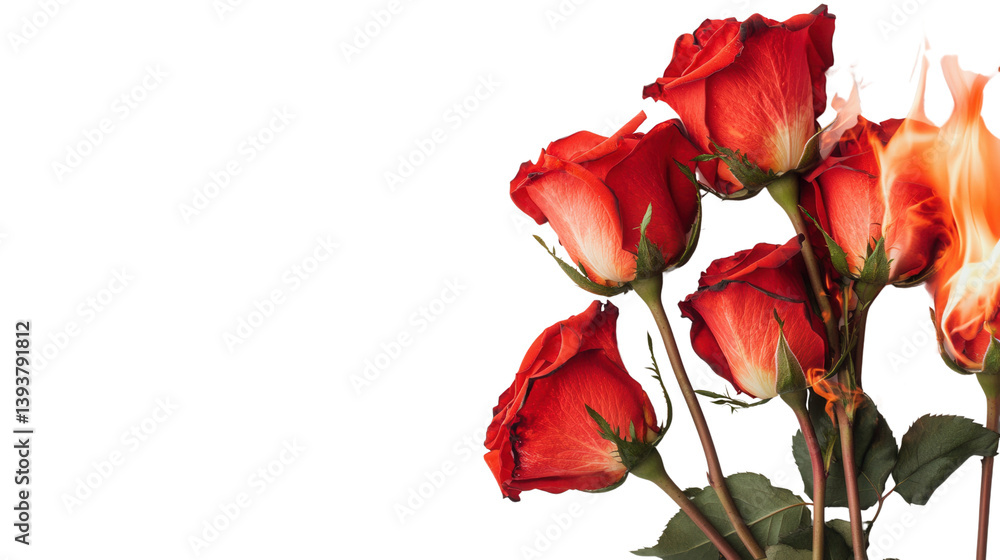 A close up shot of several lush red roses with delicate petals and green stems creating a stunning floral display against a clean white background A close up shot of several lush red roses with delicate petals and green stems creating a stunning floral display against a clean white background