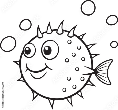 funny fish cartoon illustration, puffer fish vector illustration, puffer fish silhouette vector black and white