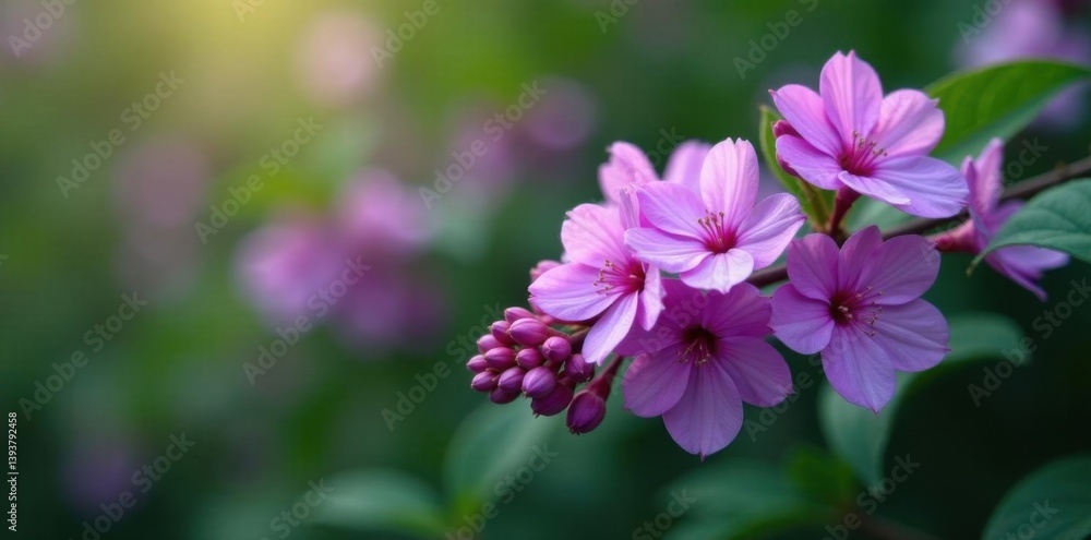 Petal clusters of vibrant purple flowers scattered on a green leafy branch, , leaves, floral Petal clusters of vibrant purple flowers scattered on a green leafy branch, , leaves, floral