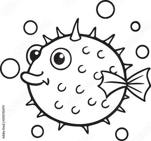 funny fish cartoon illustration, puffer fish vector illustration, puffer fish silhouette vector black and white