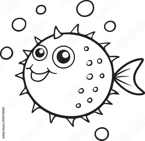 funny fish cartoon illustration, puffer fish vector illustration, puffer fish silhouette vector black and white
