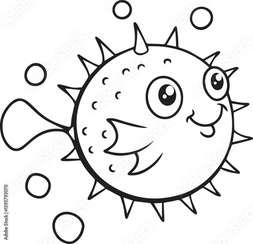 funny fish cartoon illustration, puffer fish vector illustration, puffer fish silhouette vector black and white