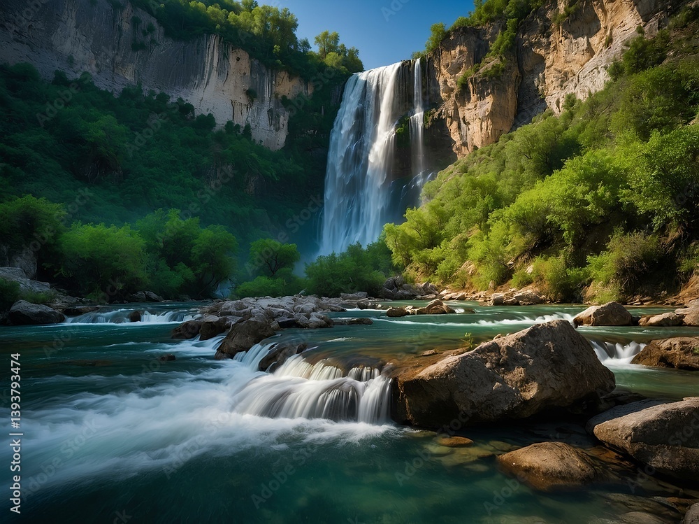 Fototapeta premium Discover the Hidden Beauty of Osum Waterfall: Albania's Majestic Natural Wonder Offering Stunning Views and Adventure in the Heart of the Albanian Riviera